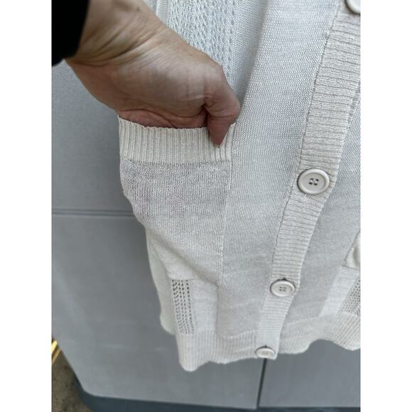 Dolce Cabo Crochet Button Front Linen Blend Hooded Duster Cardigan Sz S Oatmeal - Picture 6 of 11